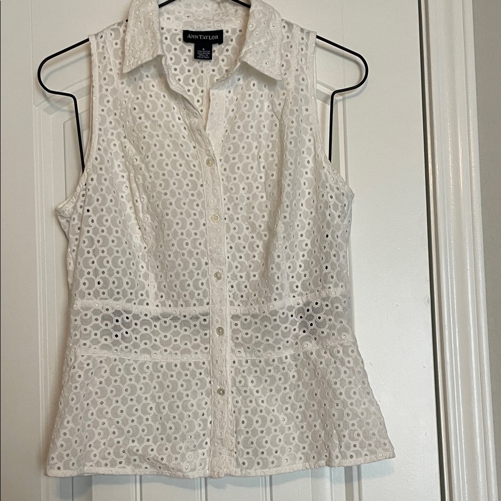 Ann Taylor white Eyelet Button-Up Blouse.  Lovely details sleeveless